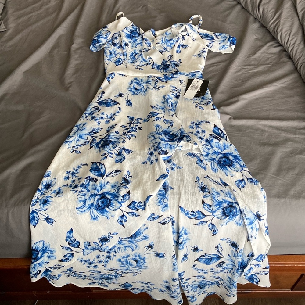 San Francisco Blue Floral Romper High Low Spaghetti Strap
